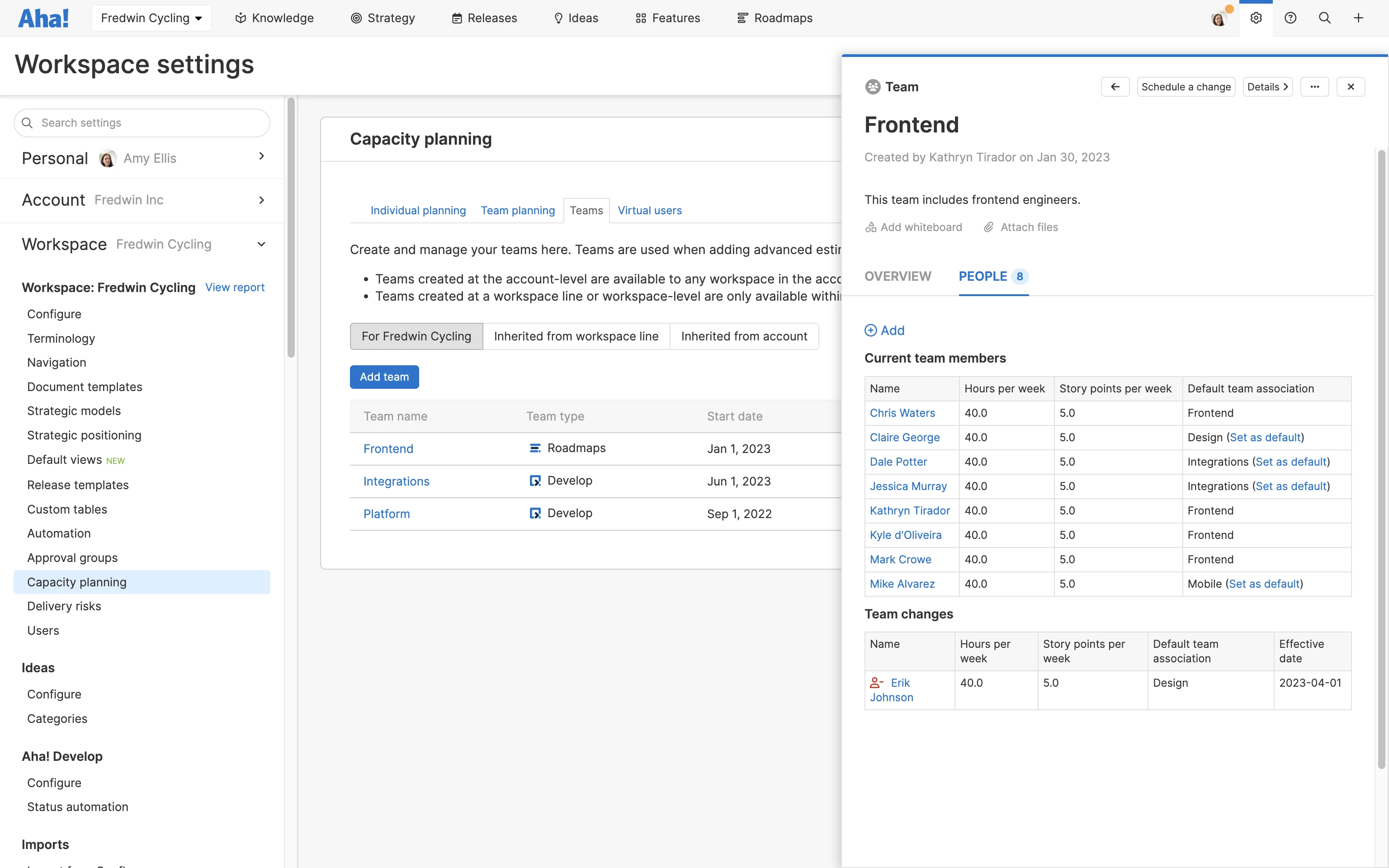 A capacity settings view for a team in Aha! software