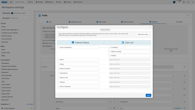 Configure status mapping with Aha! and Trello