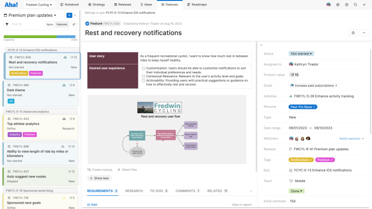 The requirements details page in Aha! Roadmaps