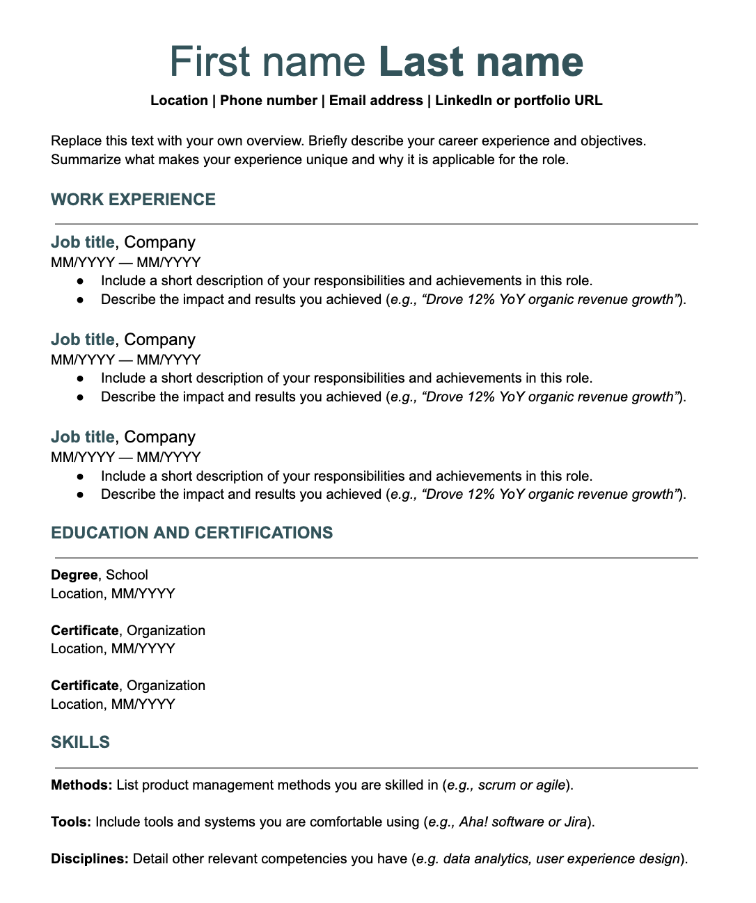 Standard product manager resume