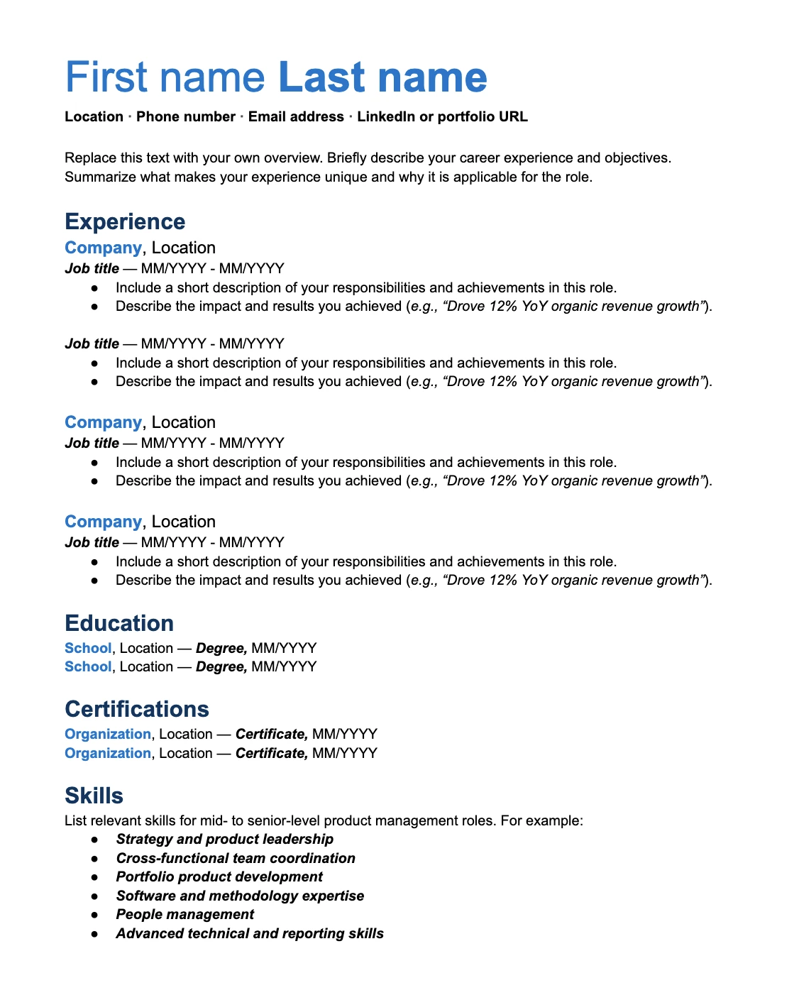 Mid-level product manager resume