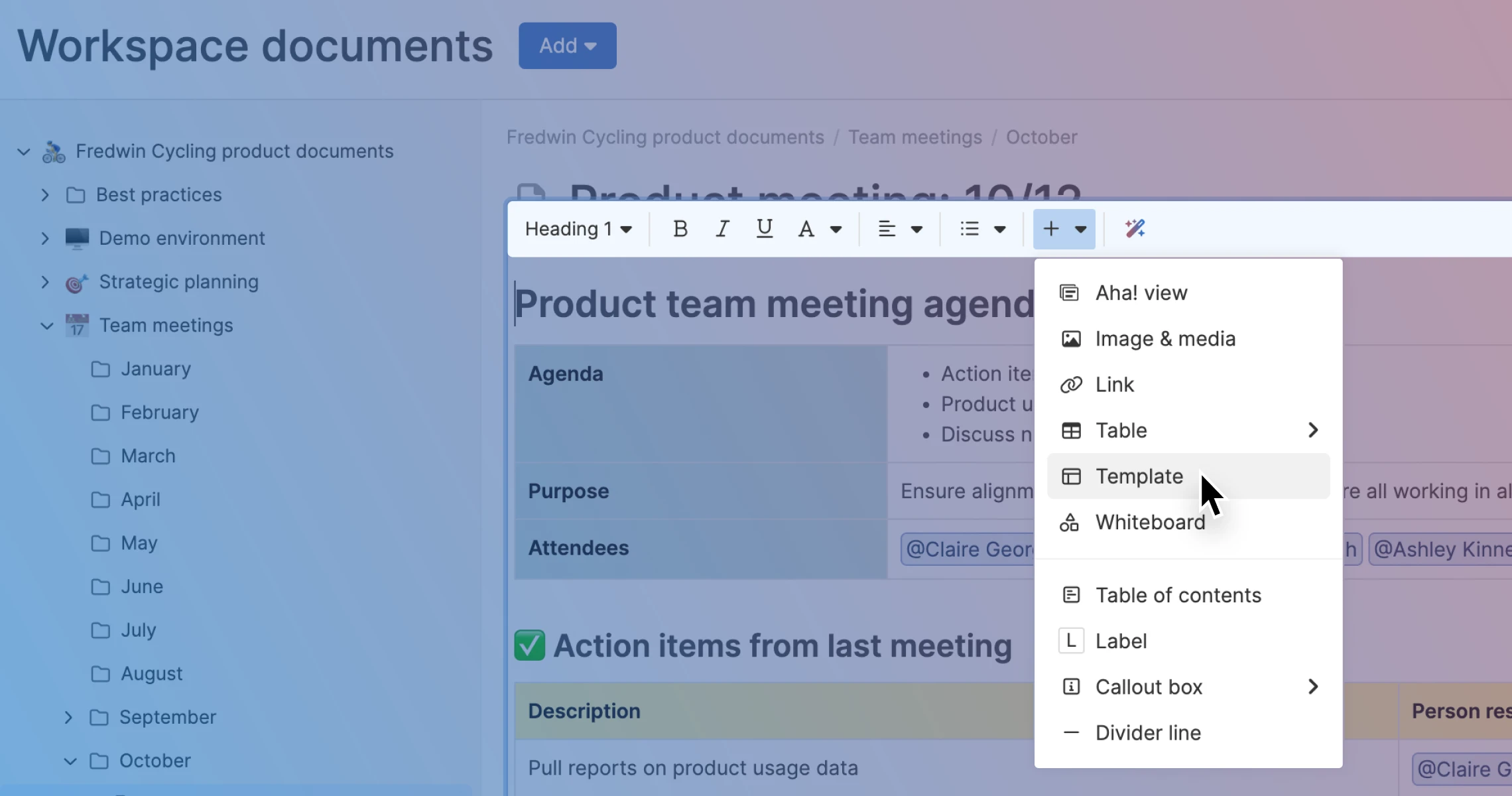 Add a template to an existing note from the text editor toolbar