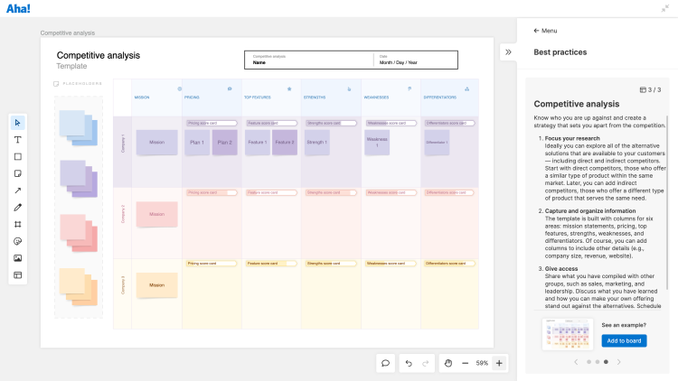 the competitive analysis whiteboard template with best practices open in the side panel