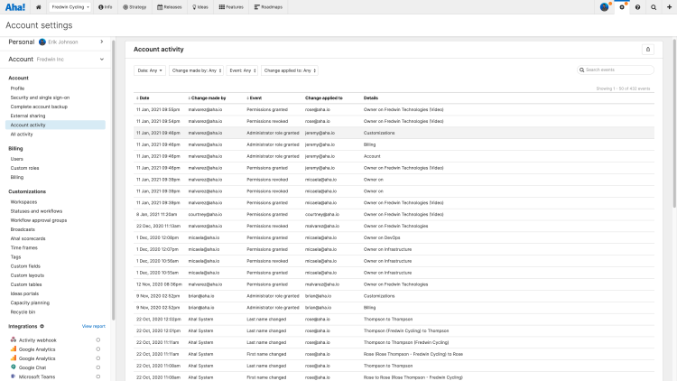 Account activity settings for Enterprise+ users, showing all activity in your Aha! account