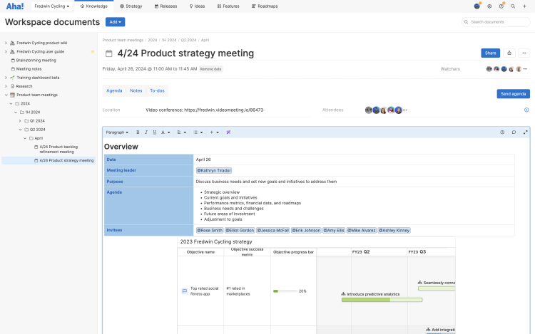 Product strategy meeting agenda with embedded roadmap