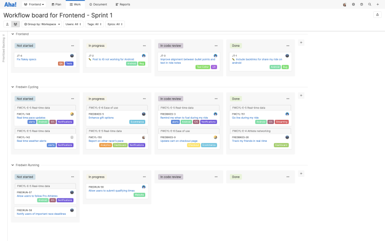 Here we configured the workflow board to show swimlanes based on Aha! Roadmaps workspaces and Aha! Develop teams.