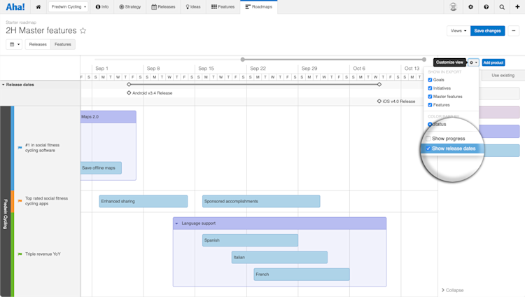 To understand how the work is progressing, you can choose to color the bars by status under the same customize view menu.