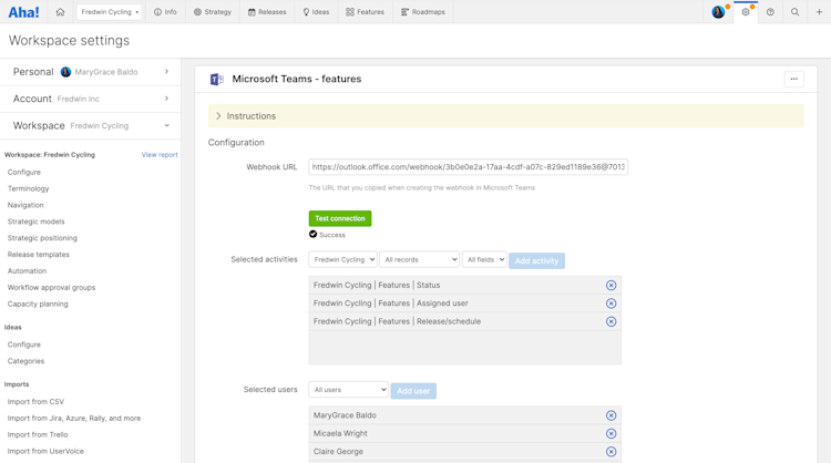 Microsoft Teams integration settings