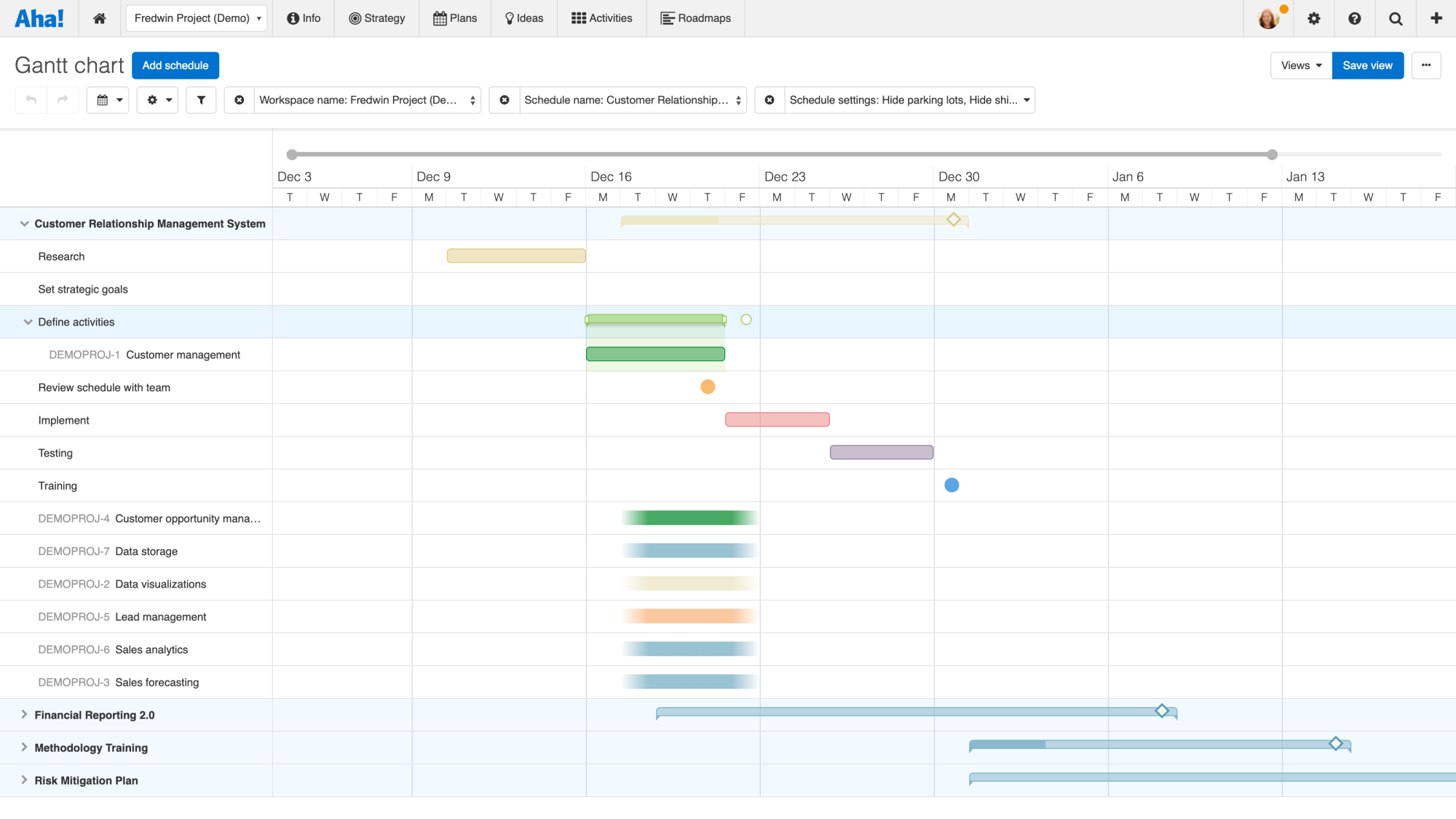 A Gantt chart in a project management workspace.