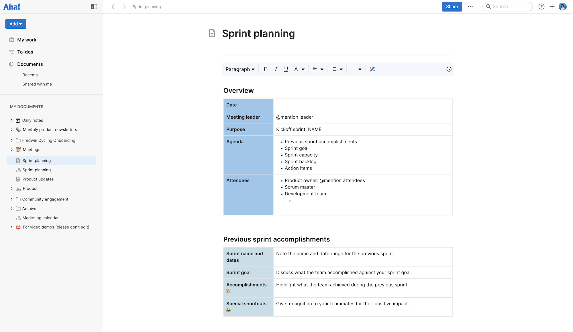 Sprint planning meeting Template - Create a Sprint planning meeting