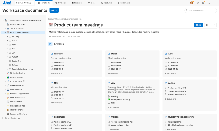 A product information hub on the Notebook tab in Aha! Roadmaps