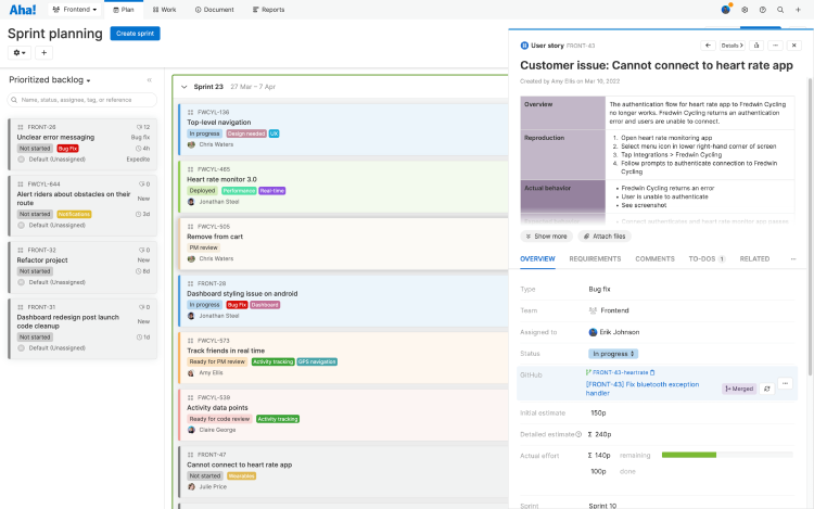 Feature drawer open in front of the sprint planning page, showing the linked GitHub pull request.