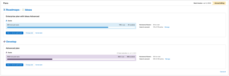 The plans section of the account-level billing settings. 