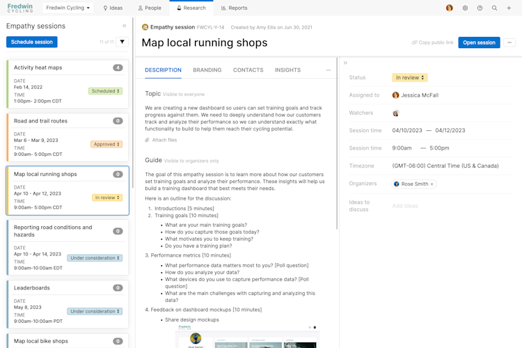 Empathy session in Aha! Ideas with description tab open.