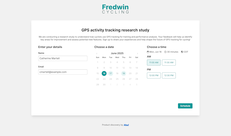 A scheduling page used for participants in Aha! Discovery software. It includes details about an interview and prompts users to select a date and time to chat.