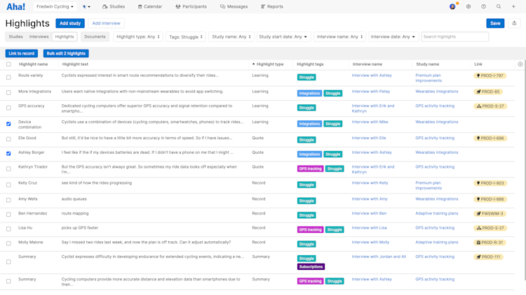 Highlights list report in Aha! Discovery