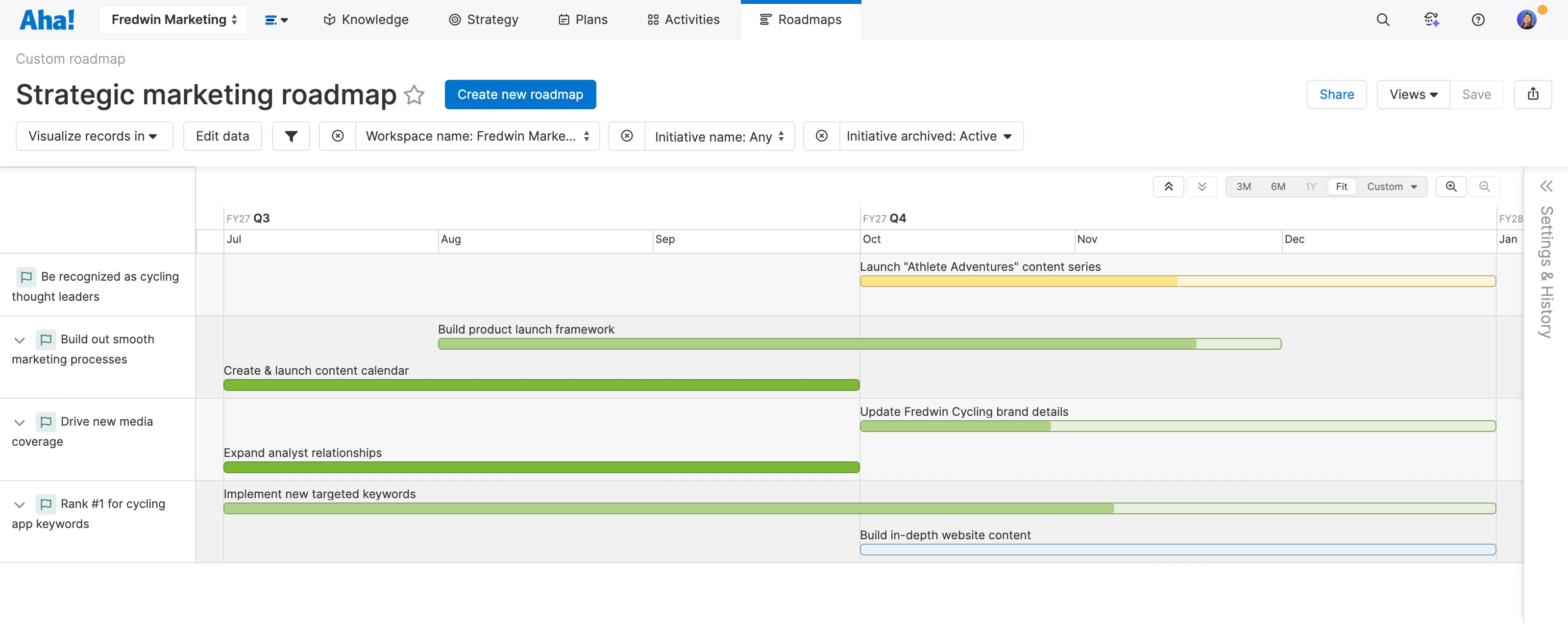A strategic marketing roadmap made in Aha! software with progress bars