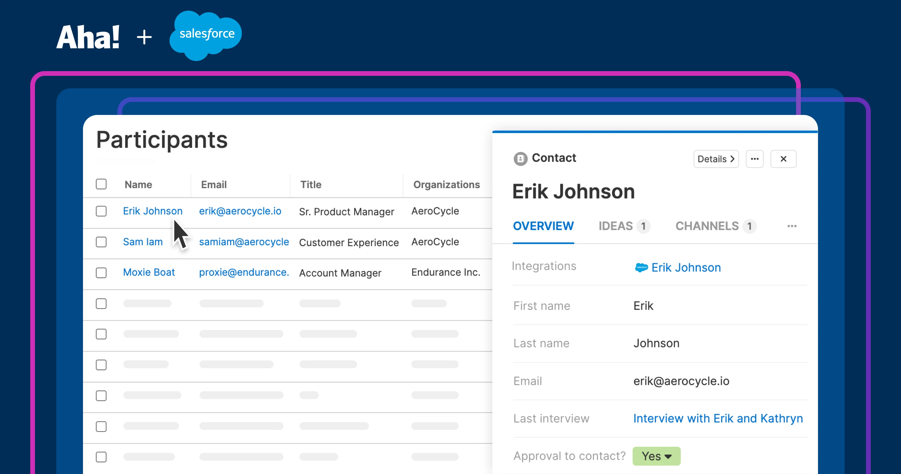 a thumbnail of the Participants database in Aha! Discovery. The Aha! and Salesforce logos are in the upper left.