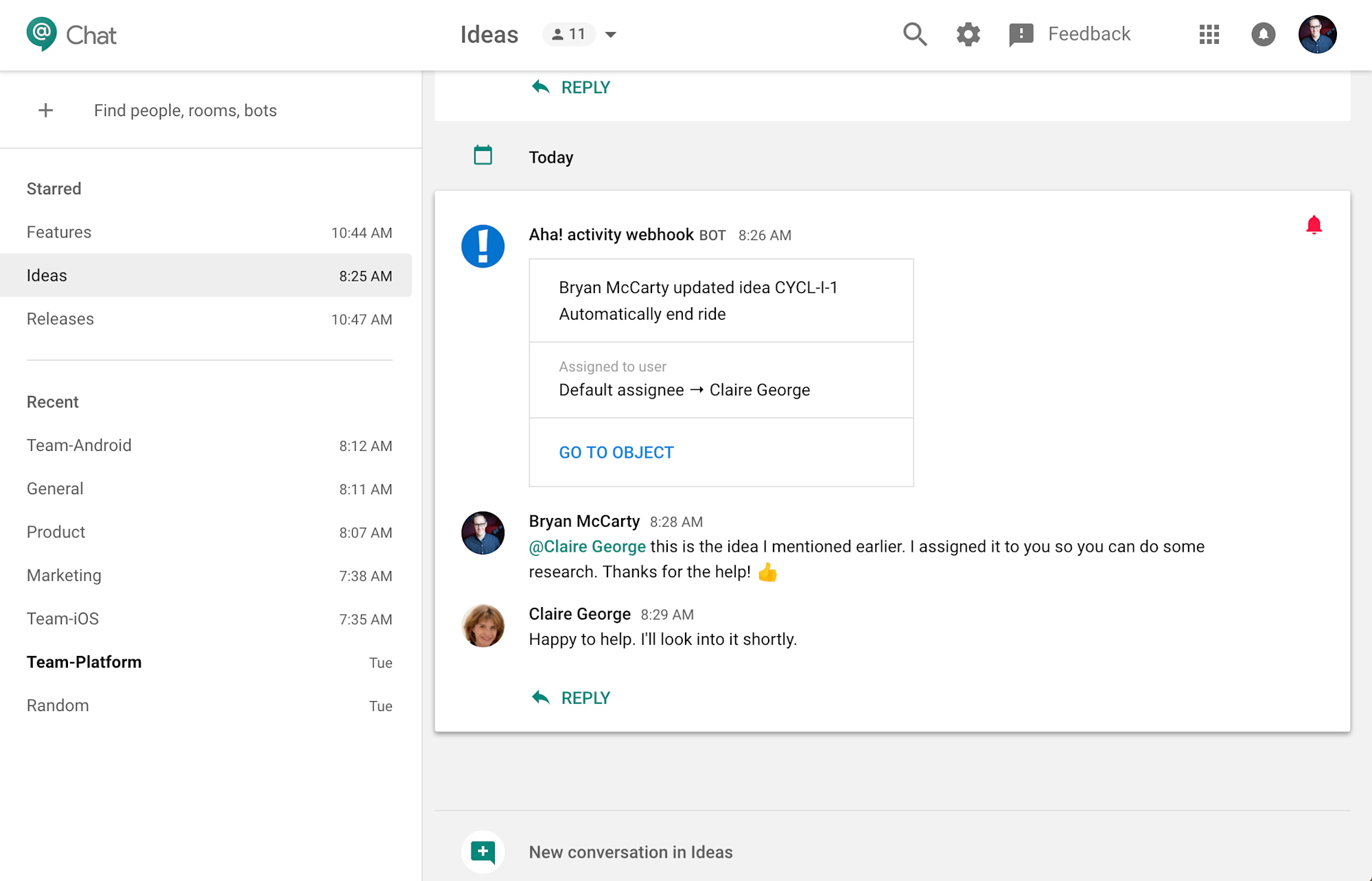 Aha! Roadmaps Integrate with Google Chat Aha! software