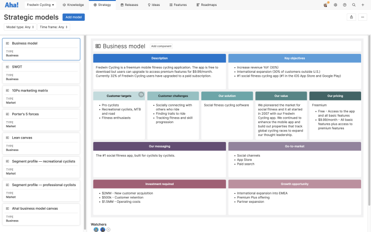 Aha! Roadmaps helps businesses map out their strategy directly within the software. This is an example of a business model created in Aha!