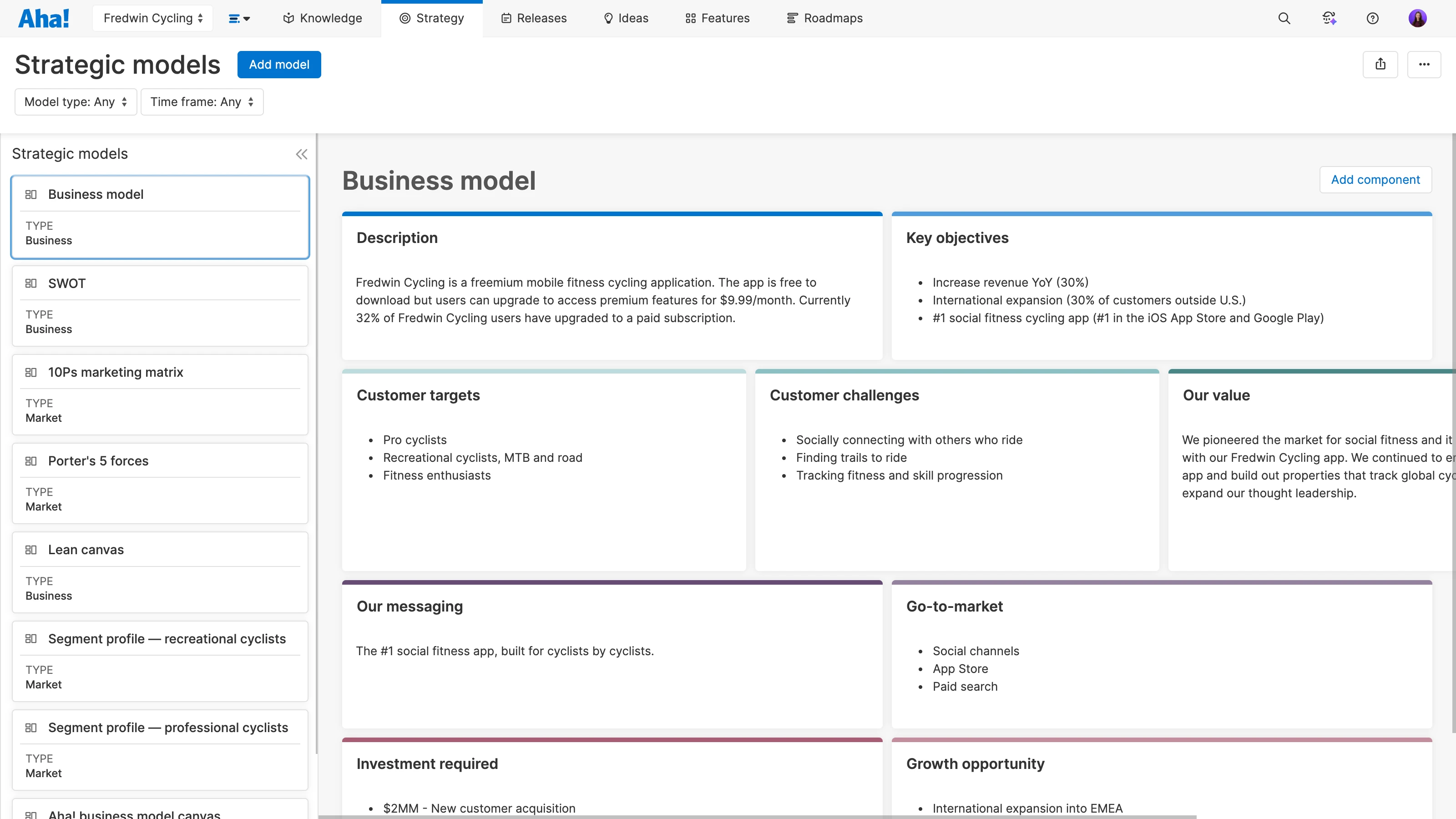 Aha! Roadmaps helps businesses map out their strategy directly within the software. This is an example of a business model created in Aha!