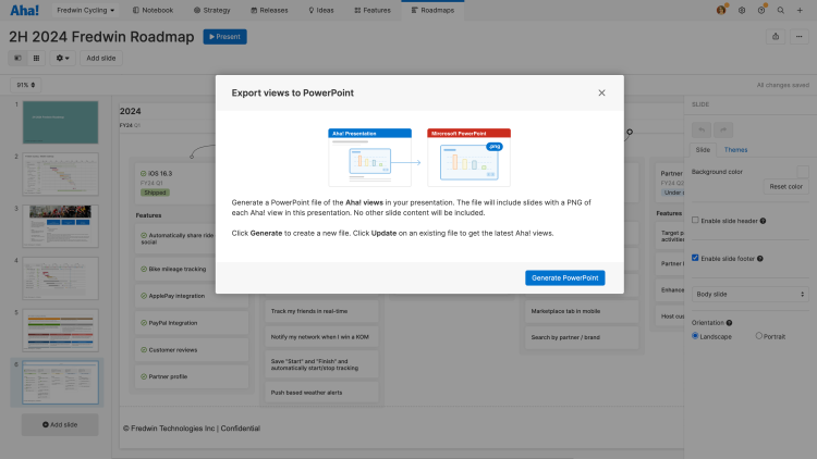 an Aha! presentation with a window open to export views to PowerPoint