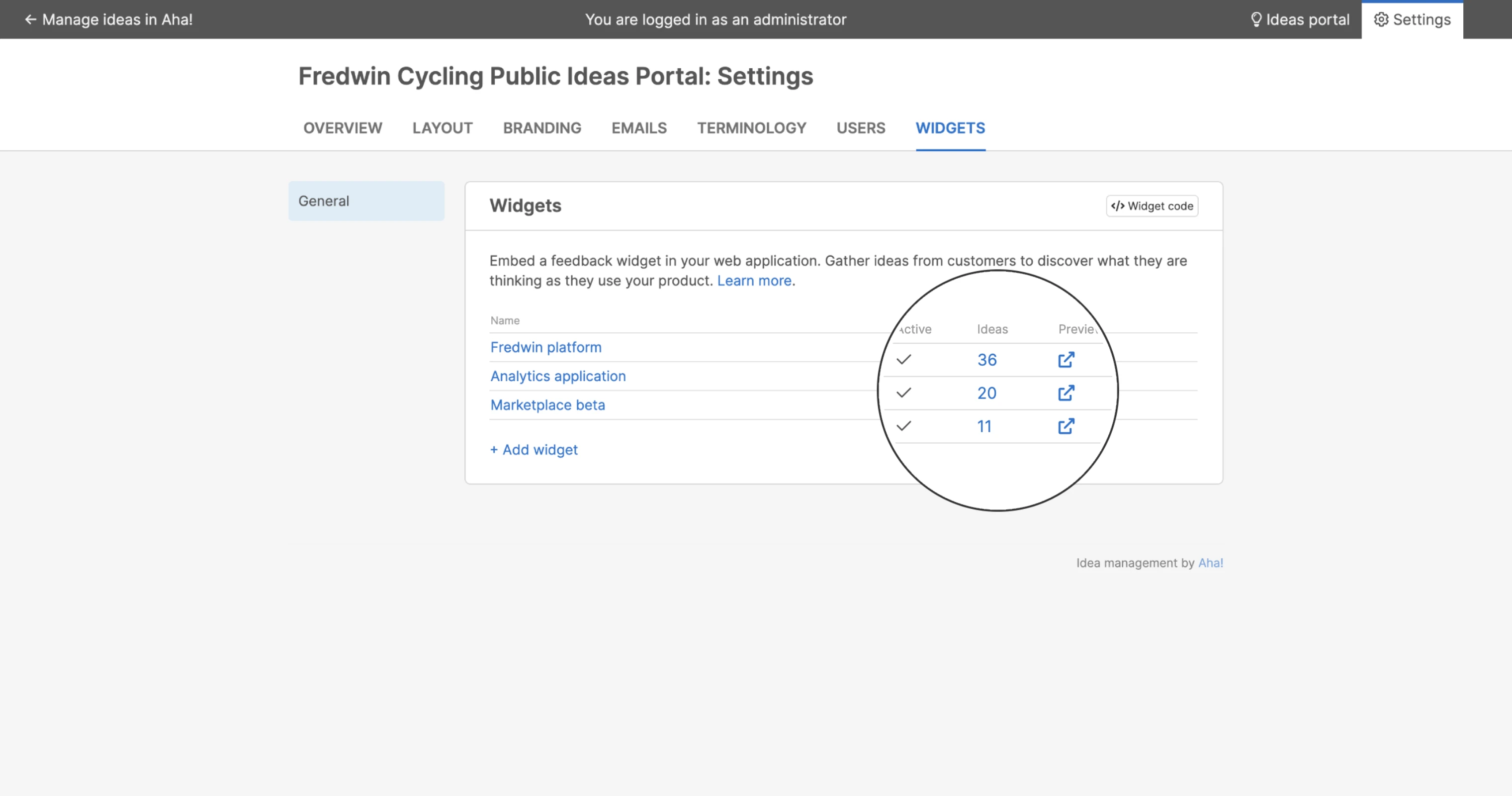 idea widget ideas count