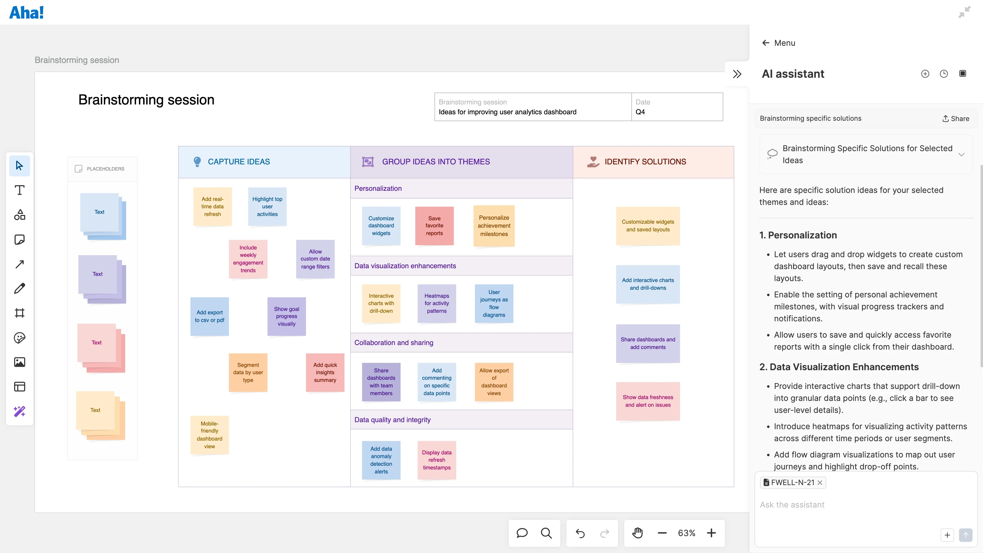 A brainstorming session whiteboard filled out in Aha! software. The AI assistant is helping map out next steps based on sticky notes users added in the whiteboard itself.