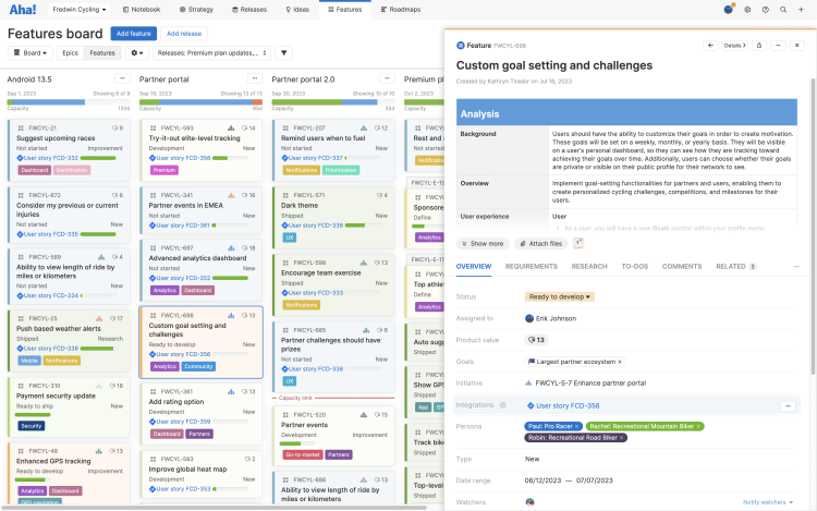 Features board with feature open and linked to Jira. 