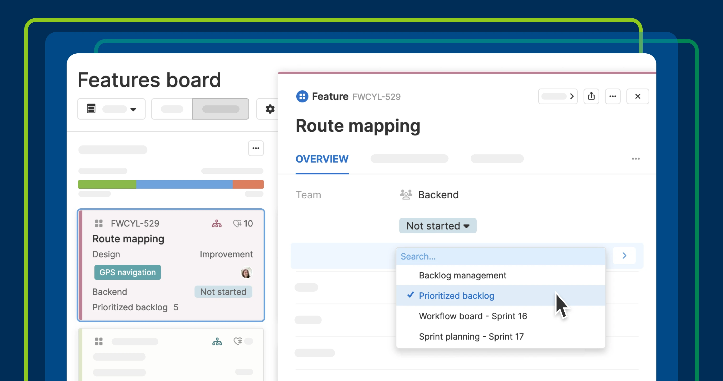 A features board with an open feature and prioritized backlog selected
