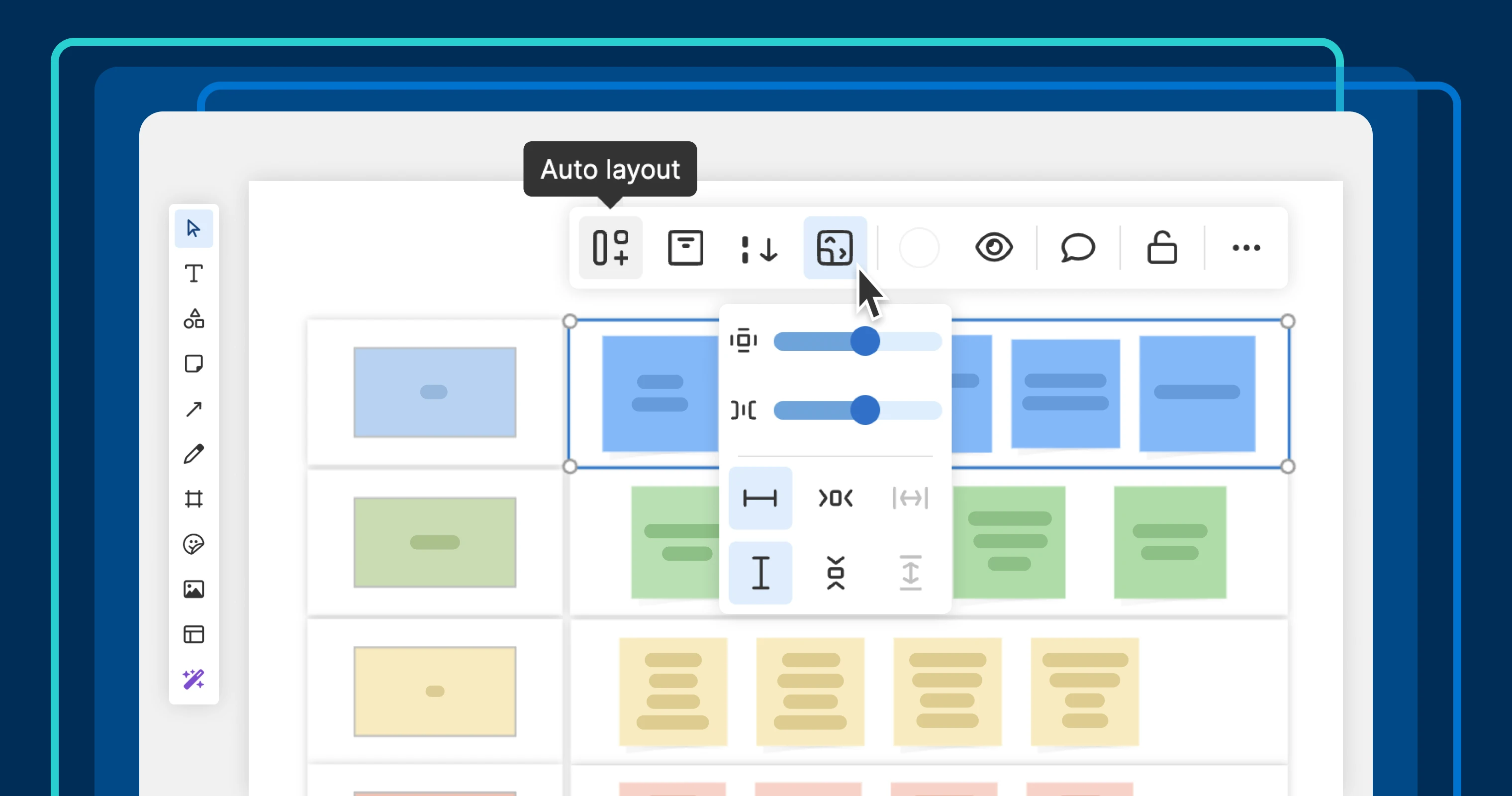 a whiteboard with frames and sticky notes. The auto layout toolbar is open displaying configurations