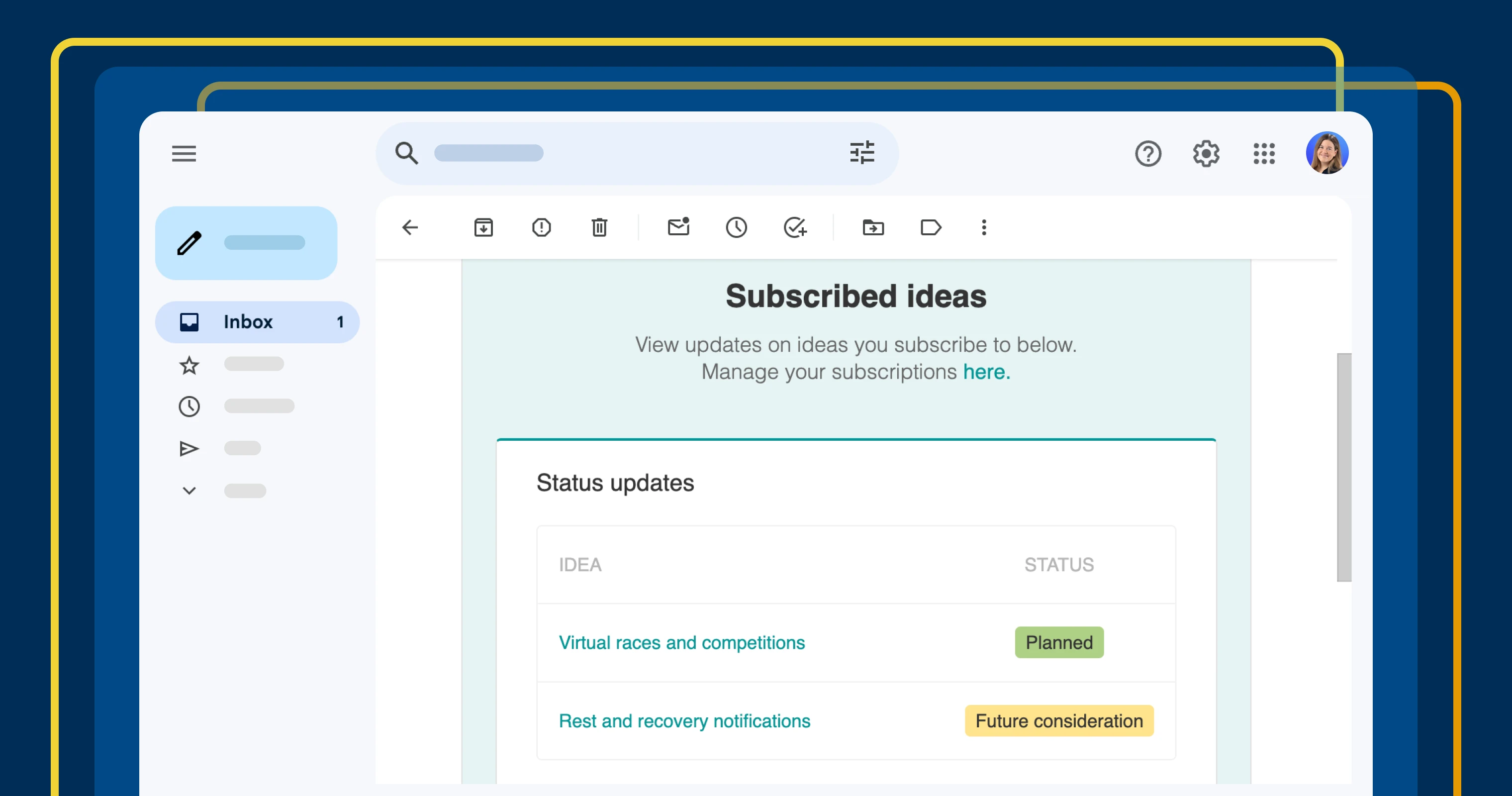 an email displaying a subscribed ideas section with status updates for several ideas