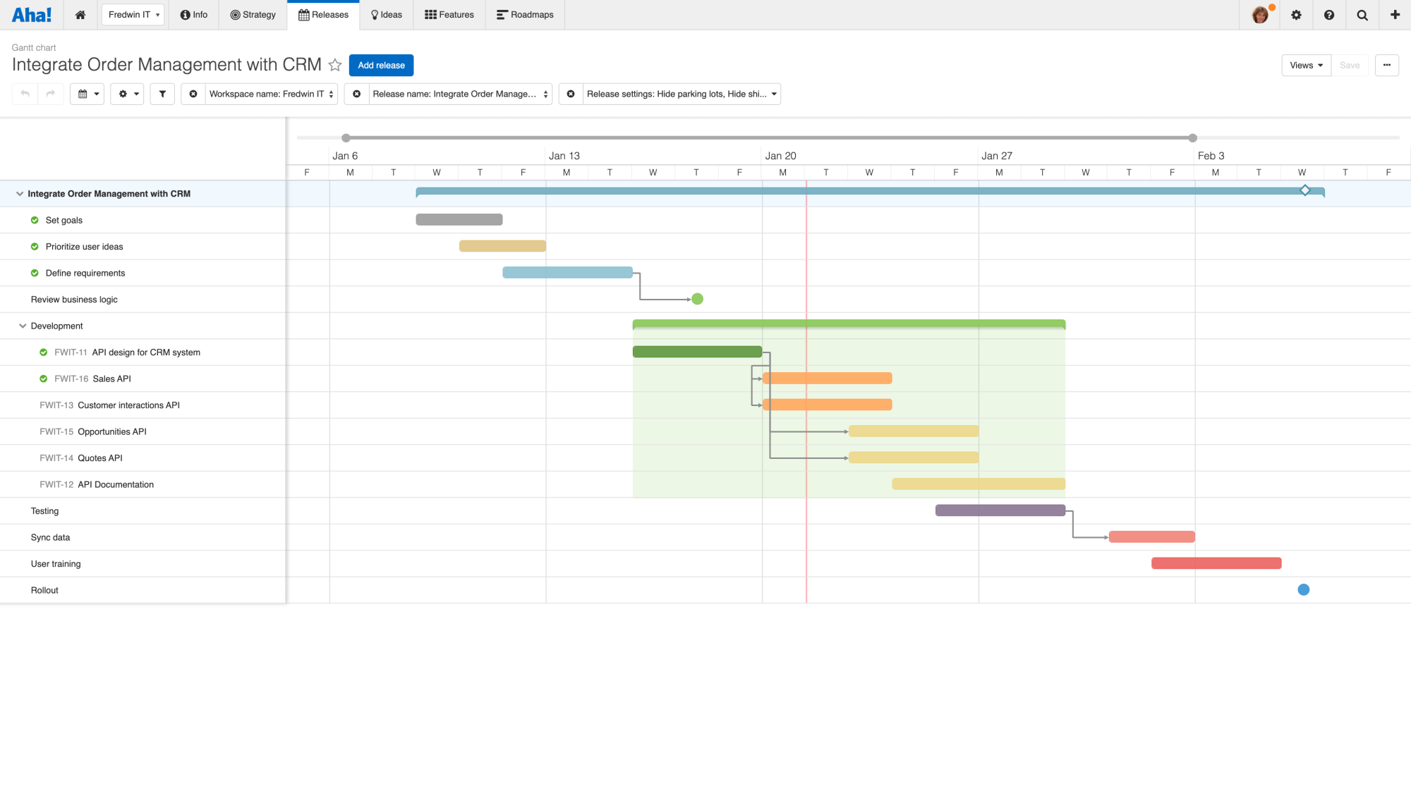 A gantt chart for integrating an order management system with a CRM.