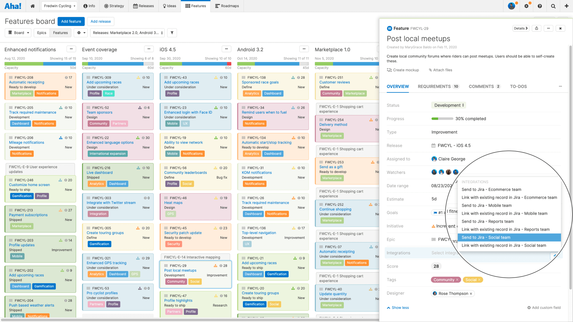 Features board with feature drawer and Jira integration dropdown