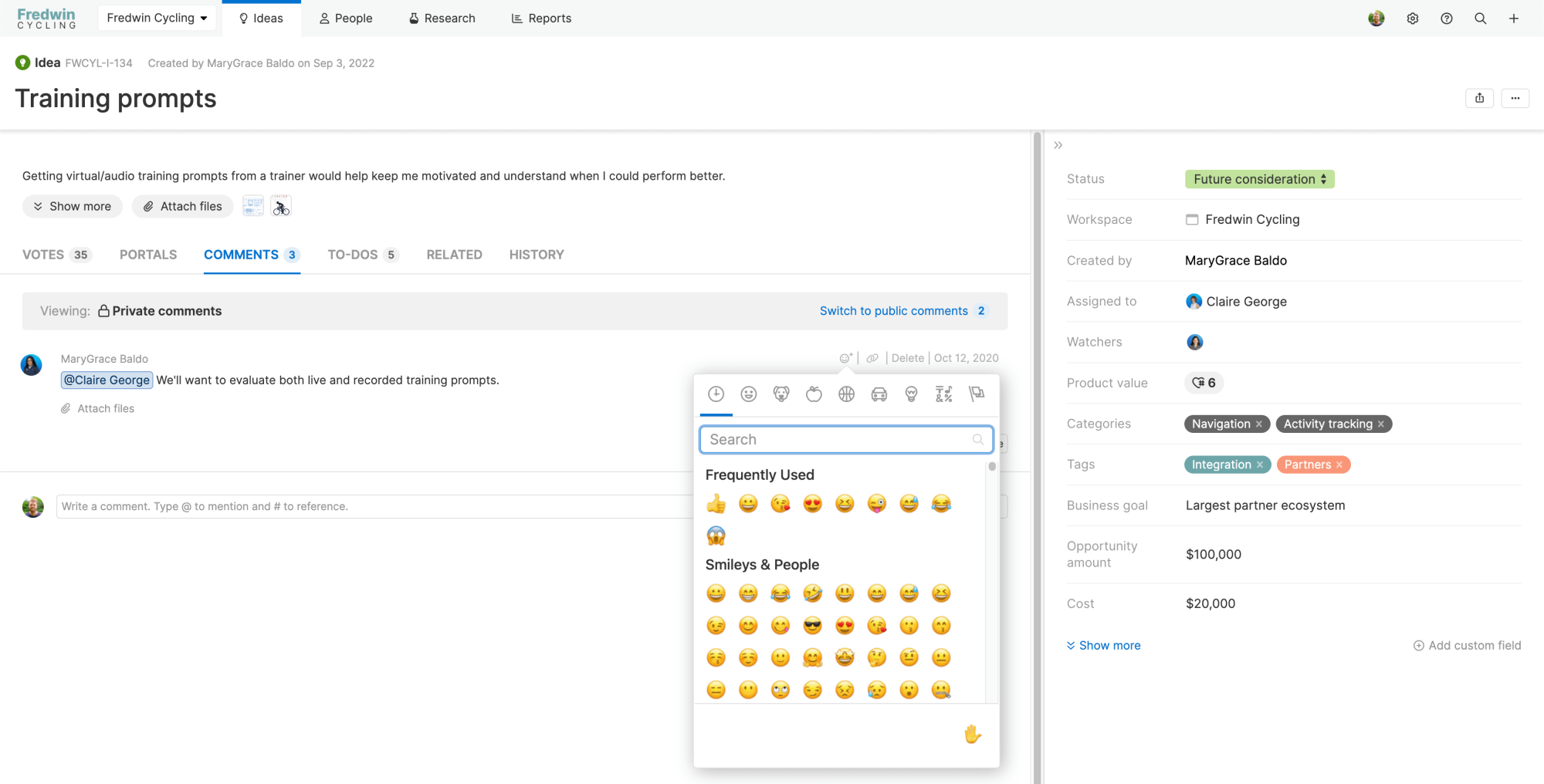 Add emoji reactions to comments in Aha! Ideas