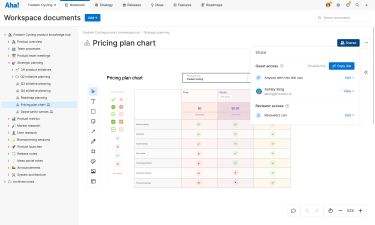 Share menu for sharing a workspace document 