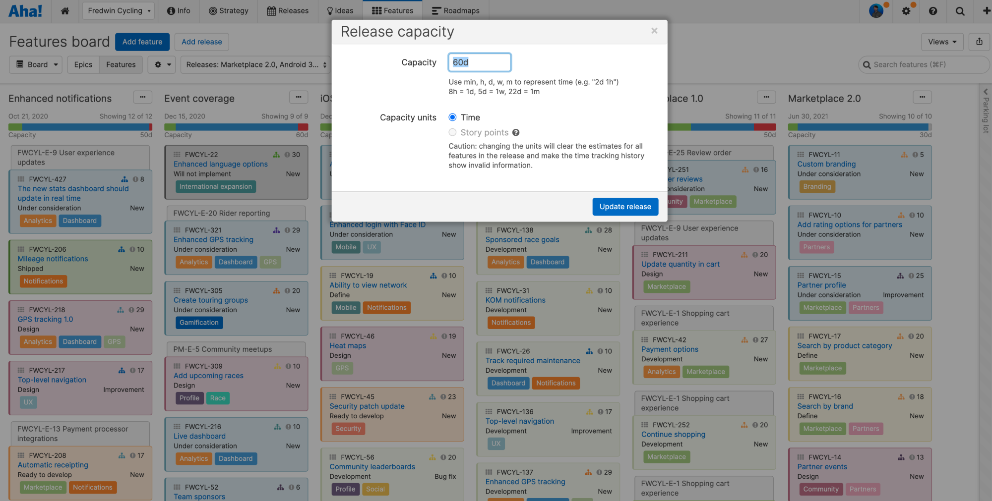 The release capacity modal in front of the features board