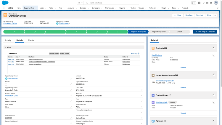 Link customer opportunities, accounts, and support cases in Salesforce to ideas in Aha! 