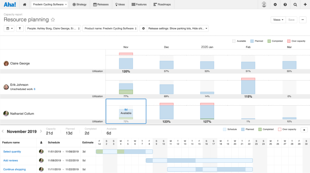 This report breaks down your team’s capacity by user and by month — the bar colors give you an immediate sense of who is available, what work is planned, and who is overcapacity.