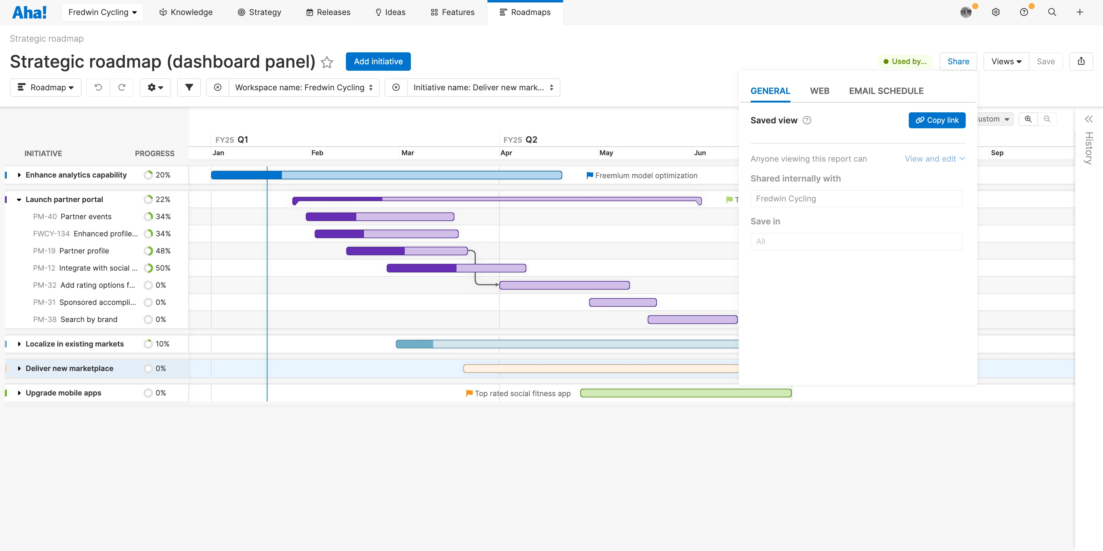 a strategic roadmap with the share menu open 