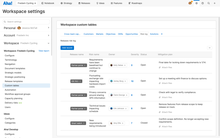 Create a custom table for capturing risks.