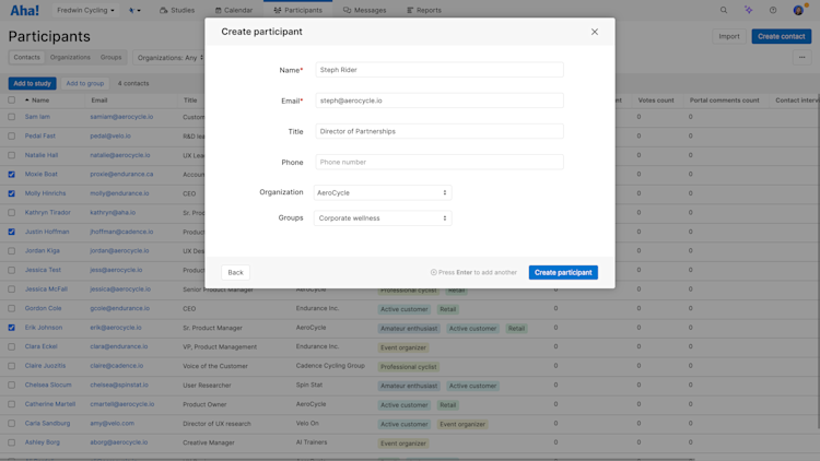 Create a participant with key details like title, organization, and group in Aha! Discovery