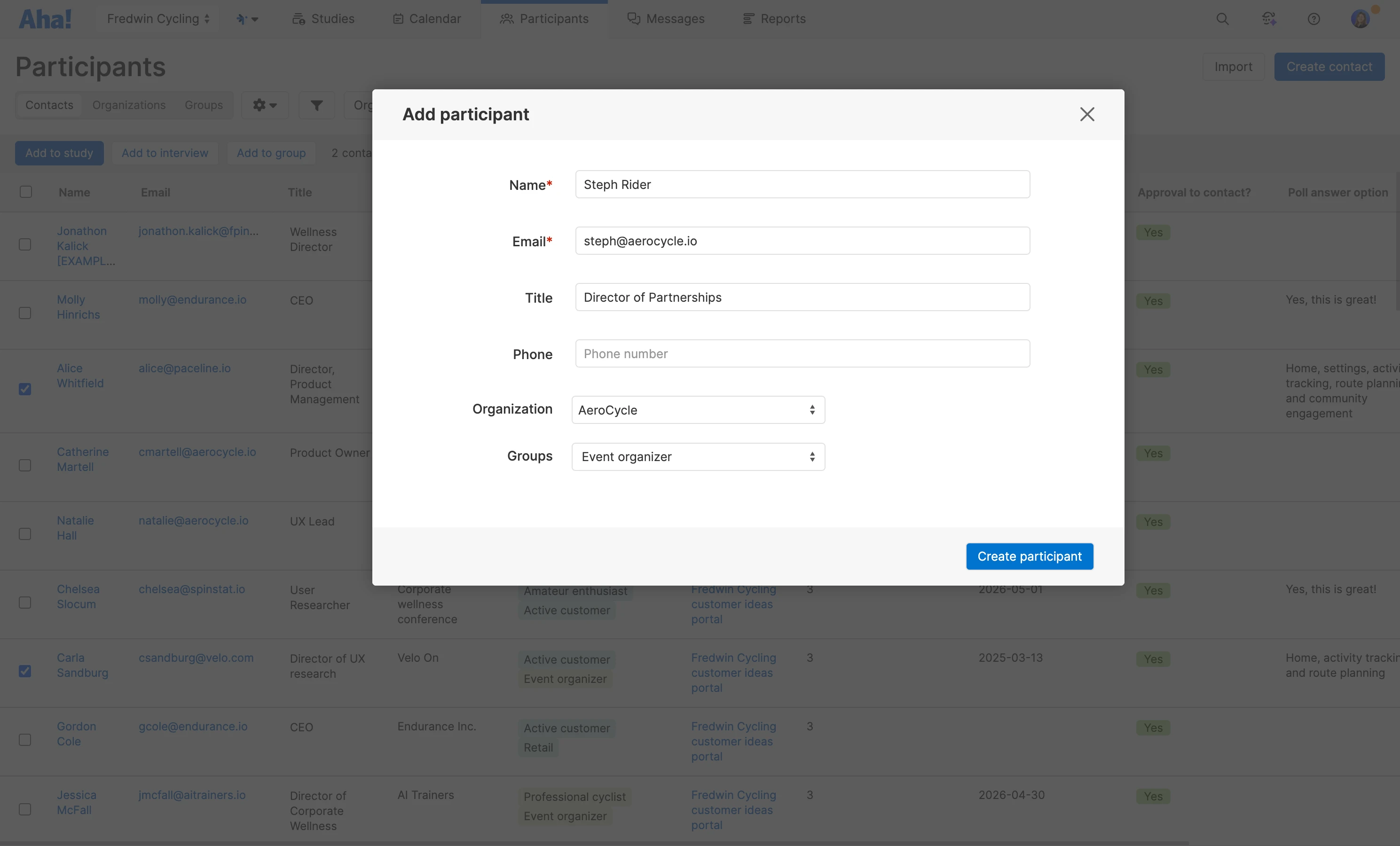 Create a participant with key details like title, organization, and group in Aha! Discovery
