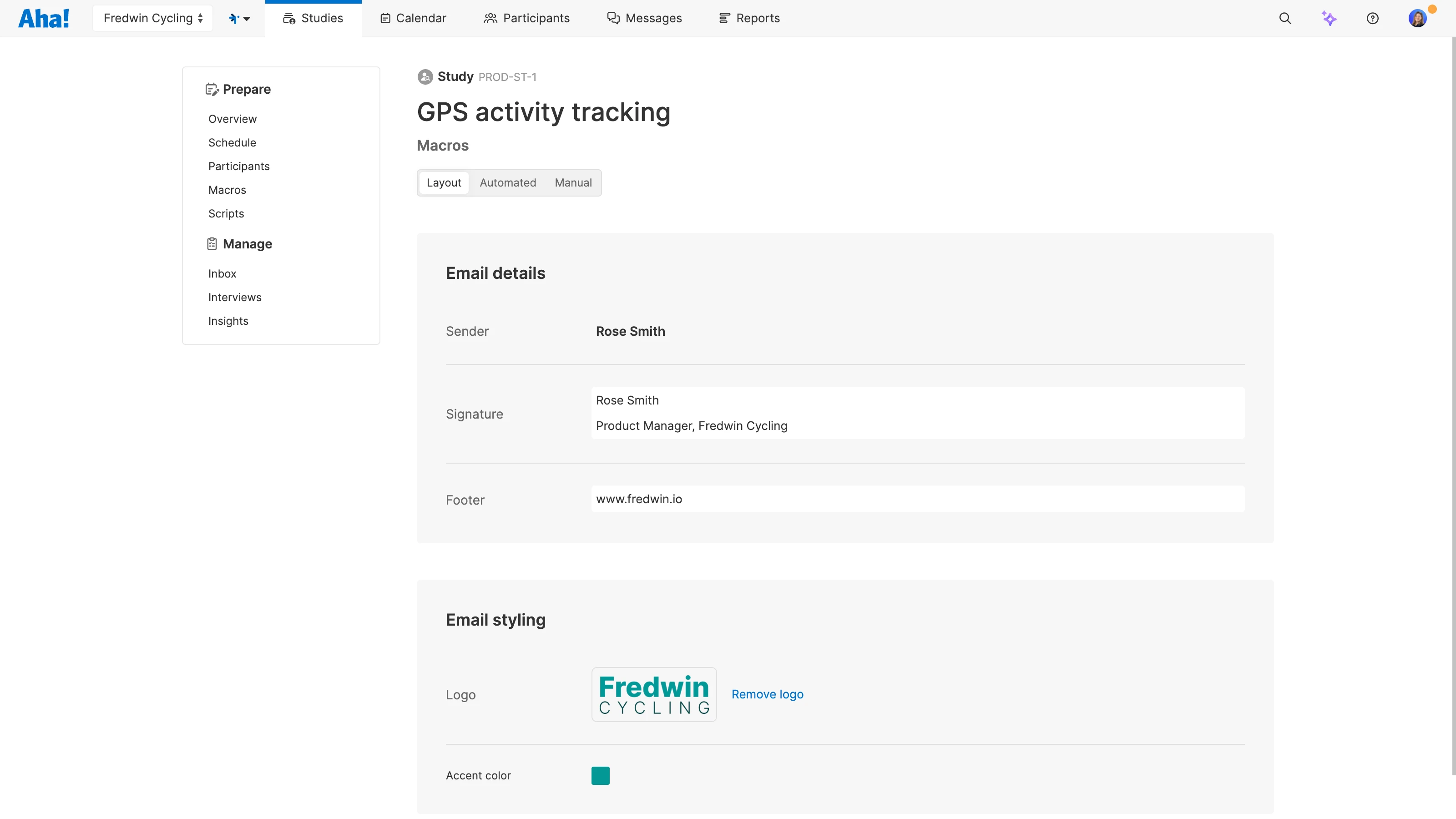 Add email details like sender, signature and footer and email styling including logo and brand color.