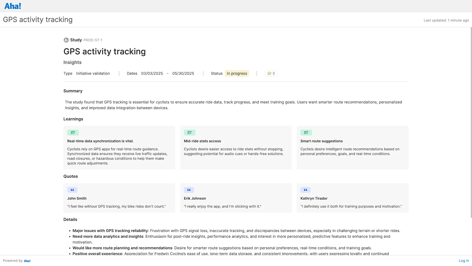 Shared an insights report in Aha! Discovery via a webpage