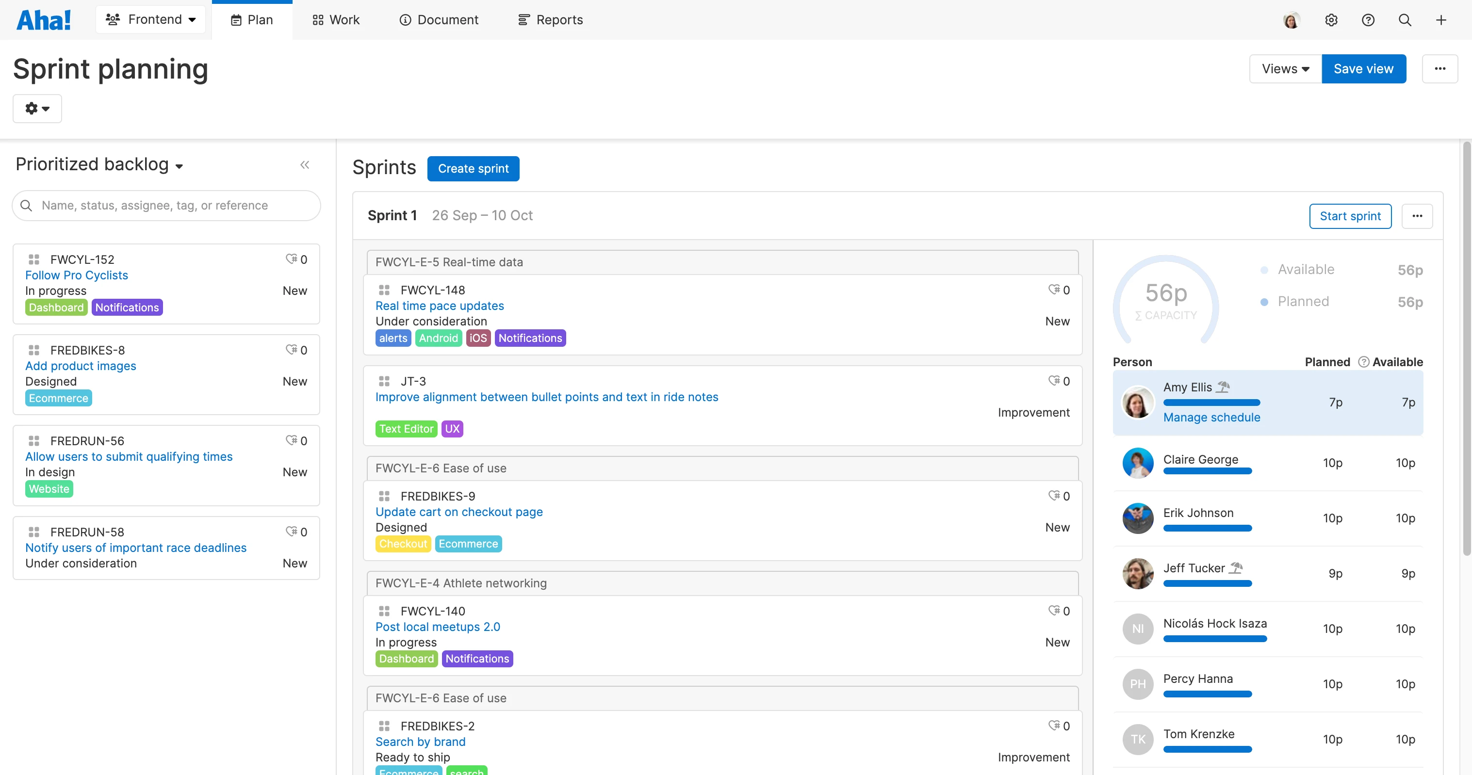 Manage sprint capacity based on individual availability in Aha! Develop