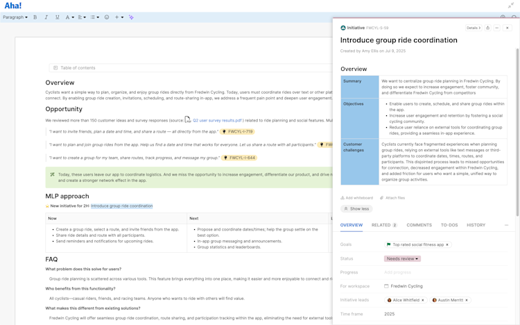Link text to records in your Aha! account to keep related work connected.