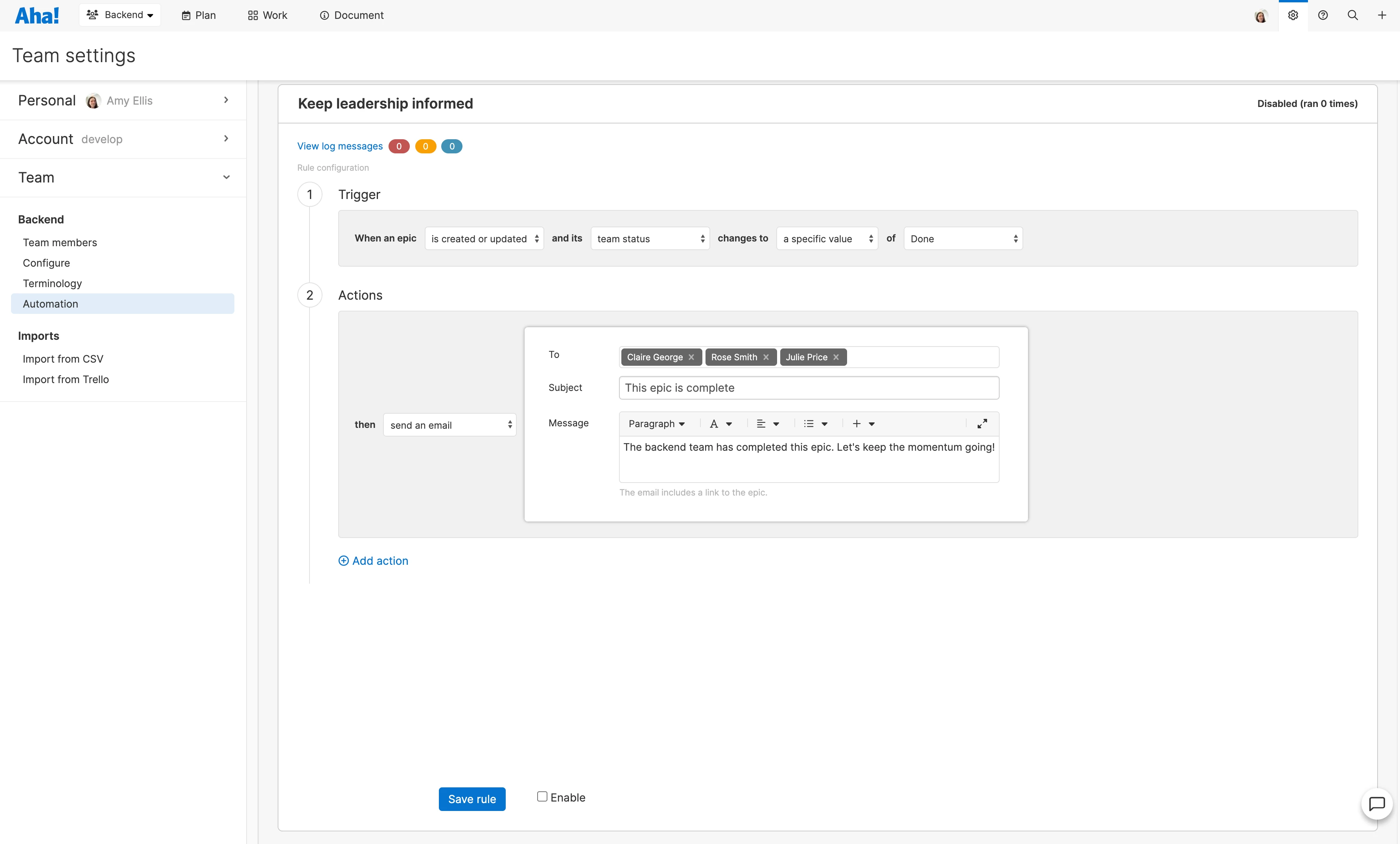 The email notification includes a link to the record in Aha! Develop so it is easy for recipients to view more details.