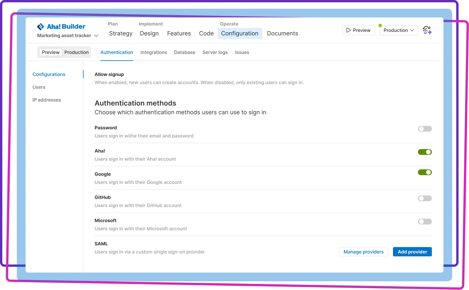 Aha! Builder Application configuration