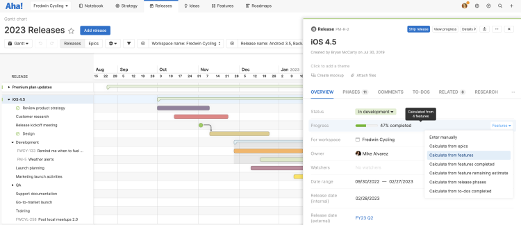 Auto-calculate release progress in Aha! Roadmaps